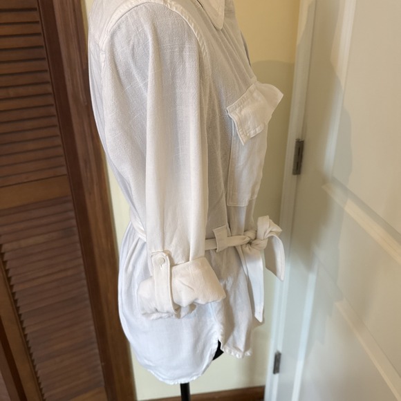 Stradivarius White Linen Blend Roll Tab Sleeve Utility Belted Shirt Size Medium - Picture 5 of 9